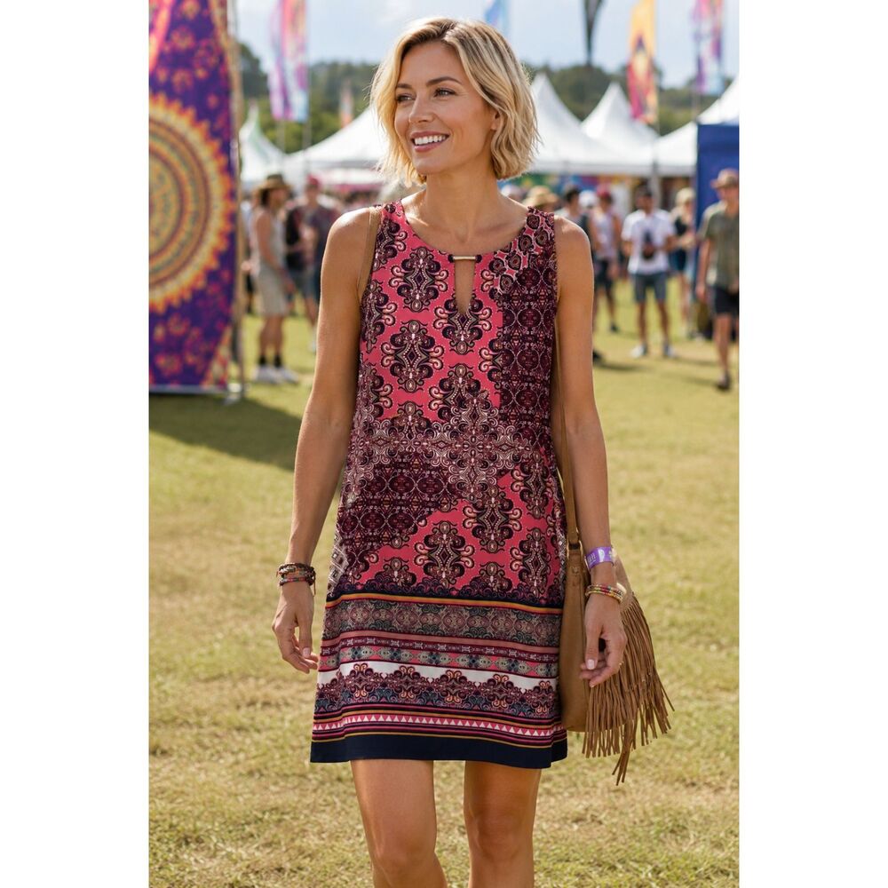 Haani Size S Boho Paisley Shift Dress Sleeveless Keyhole Festival Knee Length #V